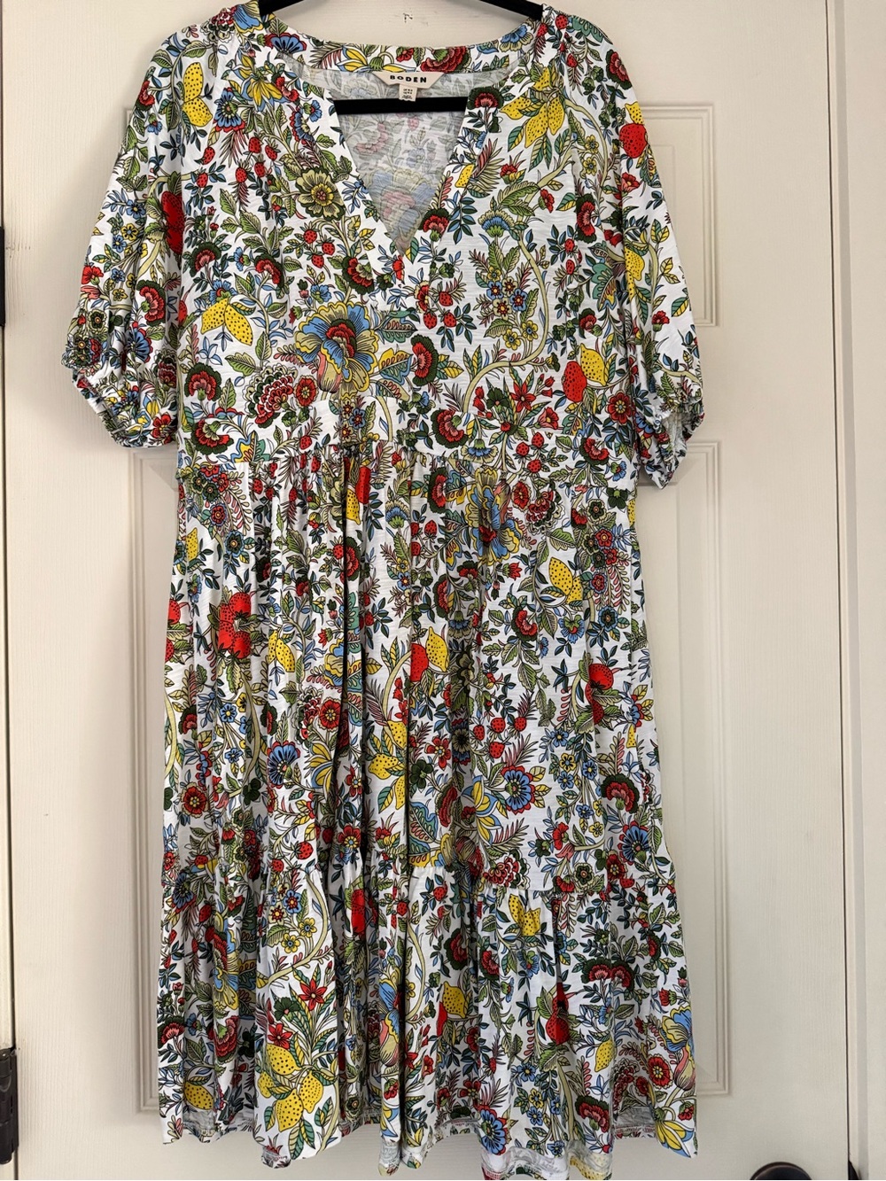 Boden White Midi Dress with Red, Yellow, Blue & Green Floral Print